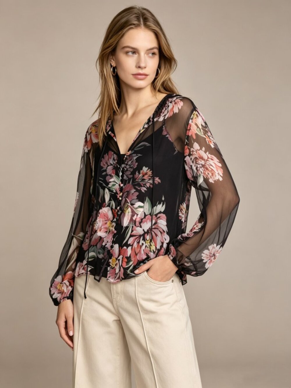 NWT Johnny Was Floral Print Long Sleeve Silk JAYCEE PEASANT Top BLOUSE Size S